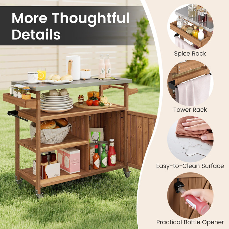 Wooden Grill Cart W/ Storage Cabinet Outdoor Kitchen Island W/ Stainless Steel Top