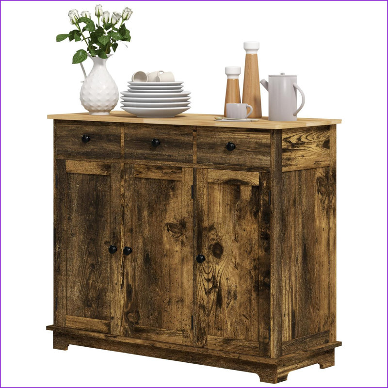 Sideboard with Solid Wood Top | Modern Rustic Brown Storage Cabinet, 3 Drawers, 2 Doors, Adjustable Shelf | Solid Wood | Engineered Wood