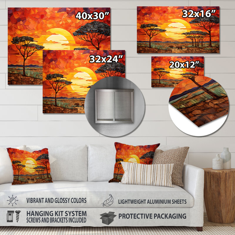 Savannah coucher de soleil en safari africain dans les teintes 2 - Boho mosaïque murale en métal, décoration d'art MT136428