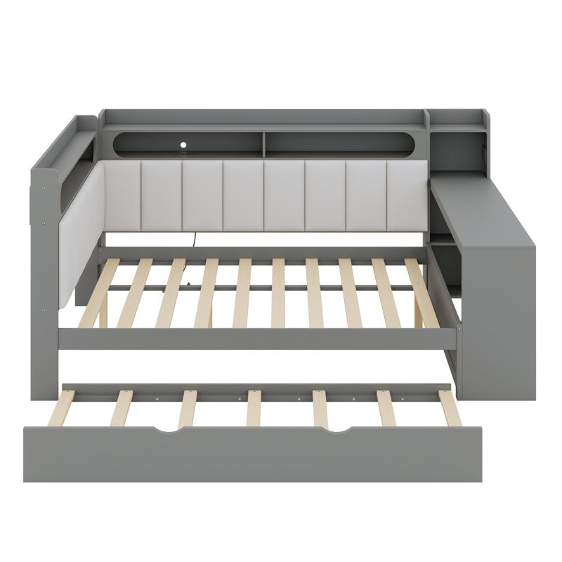 Multifunctional  Daybed Featuring Shelves, Trundle, and Desk, Gray