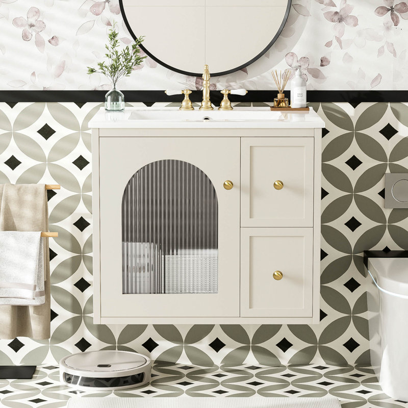 Ensemble de meuble-lavabo mural 24 po pour petit espace, armoire de salle de bain avec lavabo en céramique, 2 tiroirs et 1 porte à fermeture en douceur