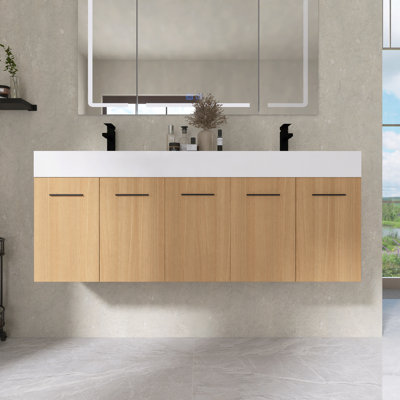 Ensemble de meuble-lavabo mural 60 po avec double lavabo en résine, portes à fermeture douce, chêne clair