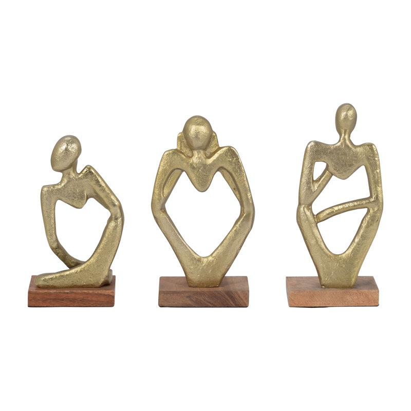 Figurines Metal and Wood Boho Abstract Design 9 Inch Gold Finish for Home Office Living Room Decor Set of 3 Includes 5x3x9 4x3x9 5x3x8 Inch Aluminum Sculptures