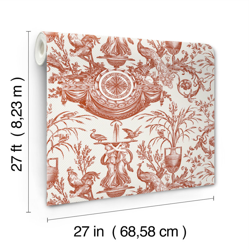 Avian Fountain Toile Wallpaper Roll, Brick