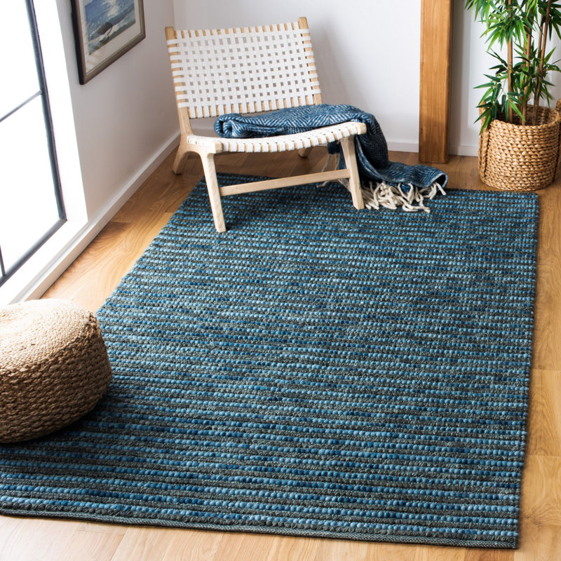Tapis rayé bleu foncé tissé à la main Ferrera, Rectangle 9 pi x 12 pi