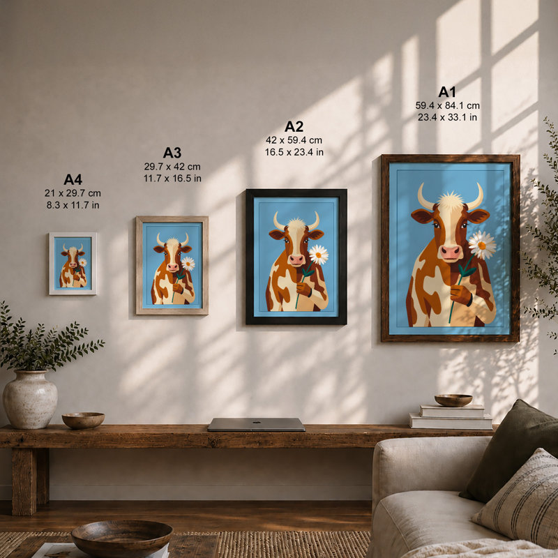 Peaceful Cow With Daisies Modern - Print, A4 - 29.7 x 21.0 cm, Walnut