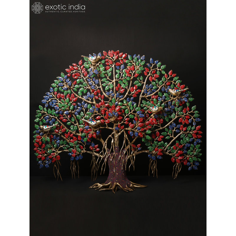Art mural 34 po, arbre de vie coloré avec oiseaux - Laiton fabriqué à la main avec incrustation de pierre vibrante - Banyan sacré
