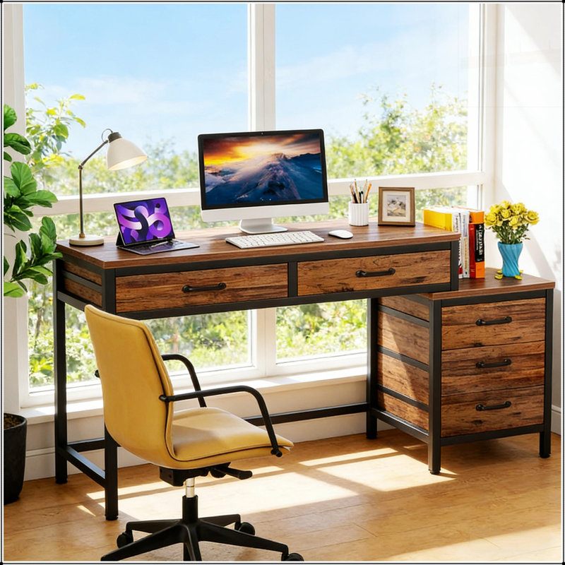 Bureau de style industriel avec bureau d'ordinateur à 2 tiroirs et classeur à 3 tiroirs, maximisant l'espace de travail et le rangement dans les petites pièces.