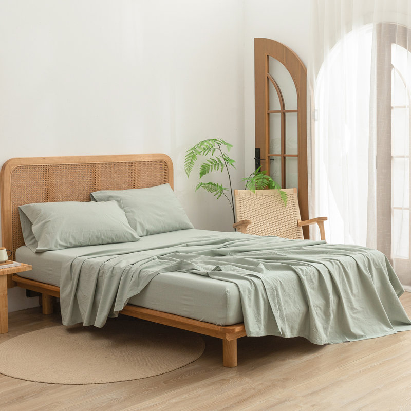BESTOUCH Sheet Set 100% Washed Cotton Linen Feel Lightweight, California King Sheet Set with 2 Pillowcases, Sage Green