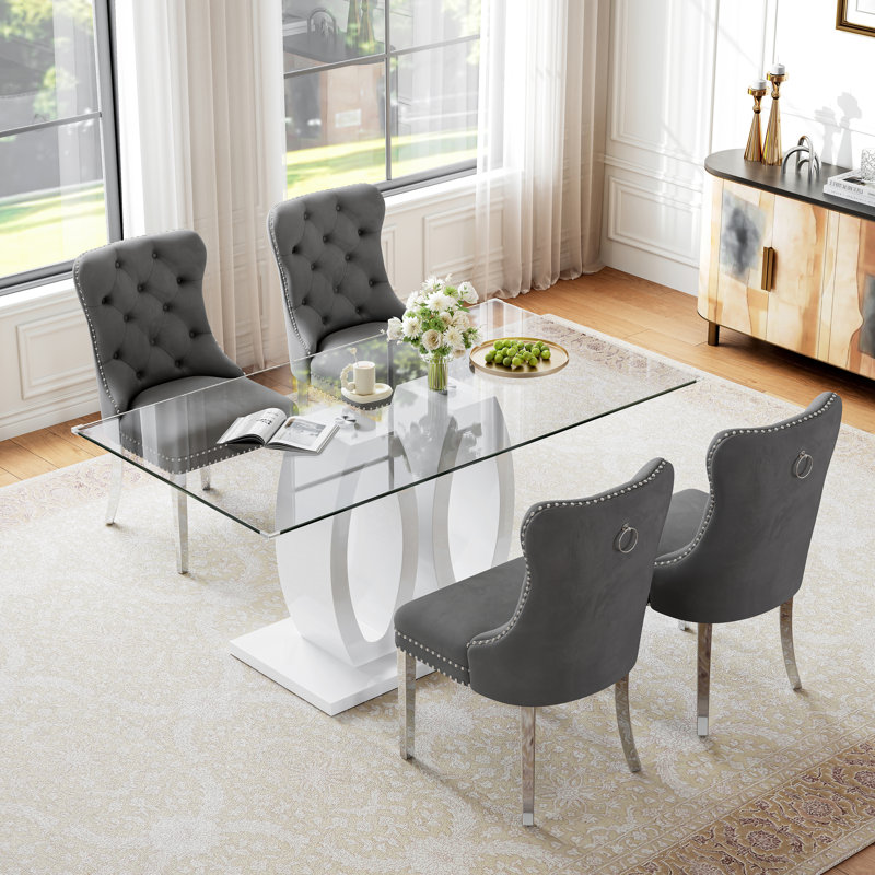 63" Rectangular Glass Dining Table Set, Clear Tempered Glass Top, Double O-Shaped Base, Velvet Upholstered Chairs with Stainless Steel Frames