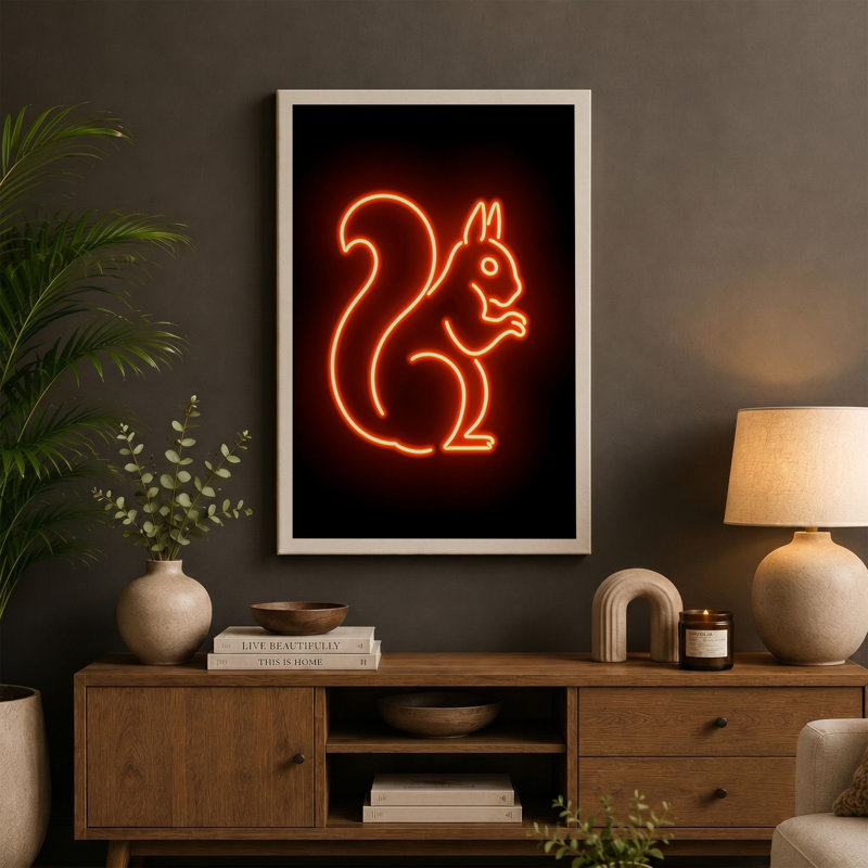 Neon Squirrel Sign Retro - Wrapped Canvas, 18x12 - 45.7 x 30.5 cm, Sage Border