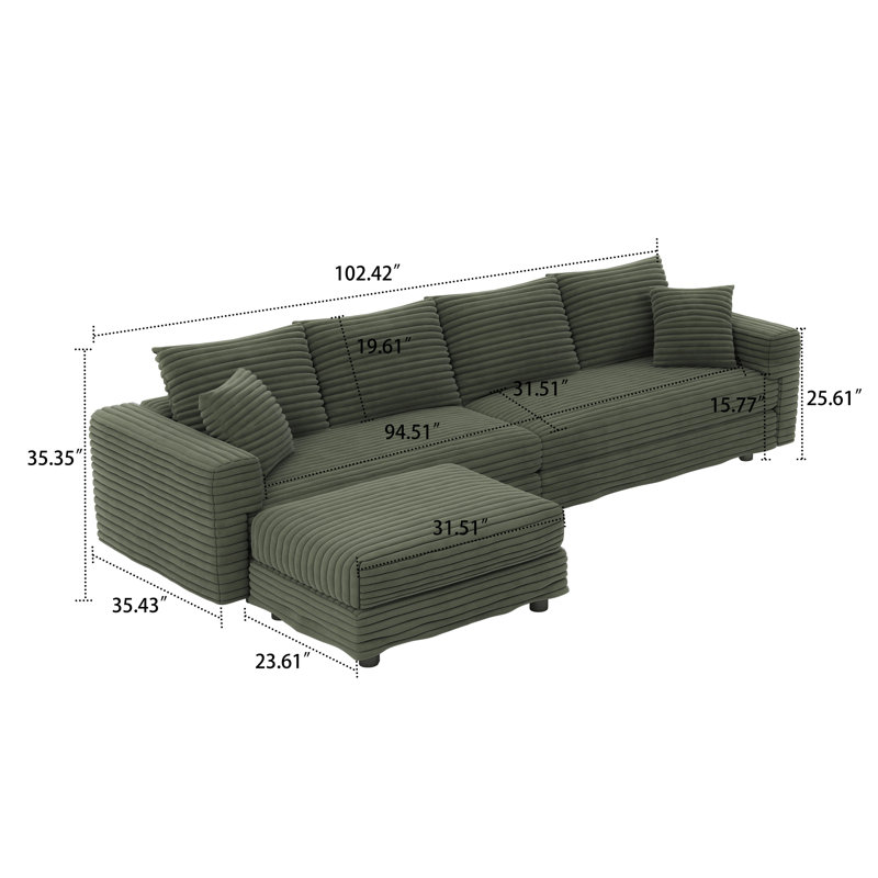 Modern Corduroy Fabric Upholstered 4-Seater Sectional Sofa with an Ottoman, 35.35" H x 102.42" W x 66.94" D, Green