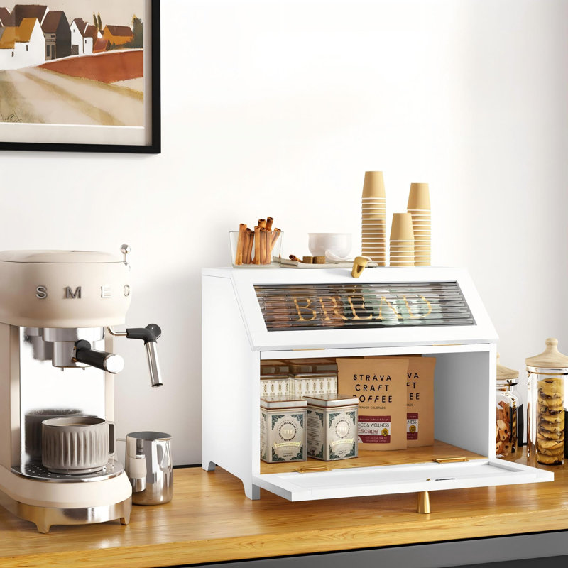 Boîte à pain double compartiment avec bordure dorée, rangement en bois pour comptoir, rangement en coin pour le pain (blanc uni).