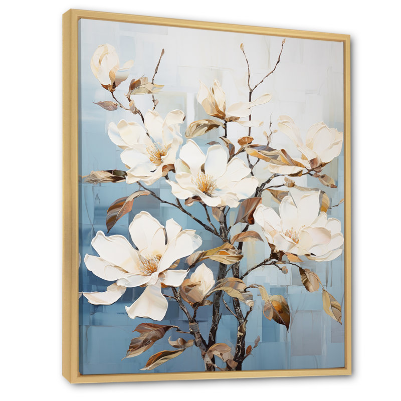 Harmonie de fleurs bleues et blanches Magnolias VI, H 32 po x l 16 po x P 1 po, Cadre naturel flottant