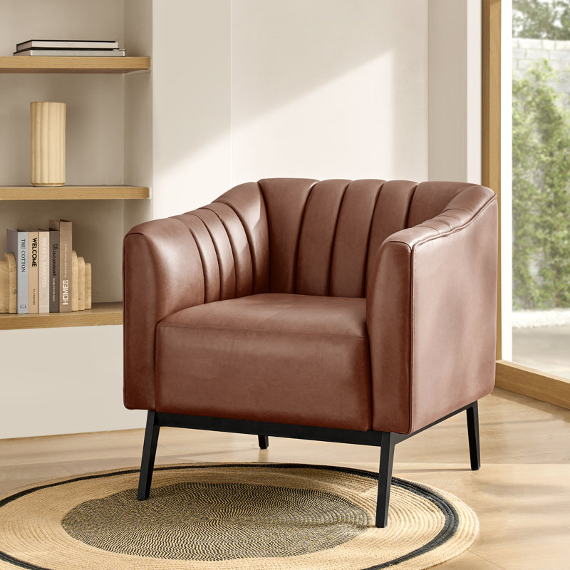 Byanka Industry 27.5" Wide Faux Leather Chair with Channel Tufting and Metal Leg, Brown Faux Leather
