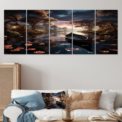 Dériveur flottant sur un étang de lotus magique brumeux - lac, art mural 5 pièces