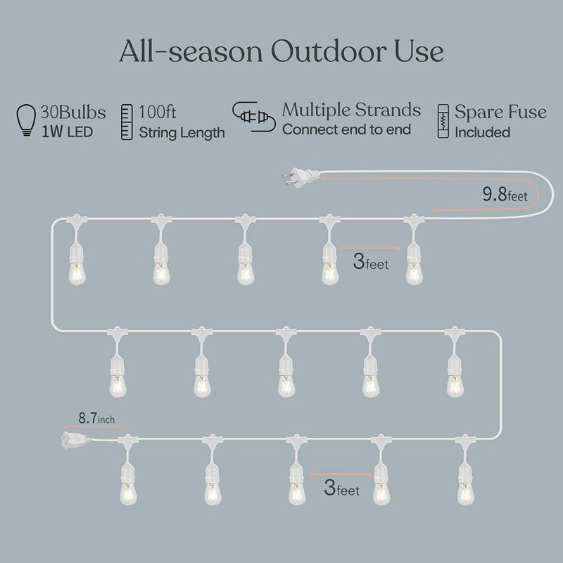 Outdoor String Lights LED White 100FT Patio Lights String With 3...