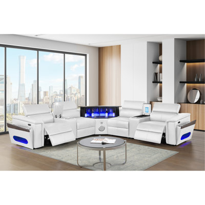 Canapé modulaire blanc moderne avec 2 consoles de lecture et réfrigérateur, 4 sièges, électrique, appuis-tête réglables, tapis de recharge sans fil, ports, système audio, barre de levage à DEL avec éclairage, rangement en forme de L de 4 po
