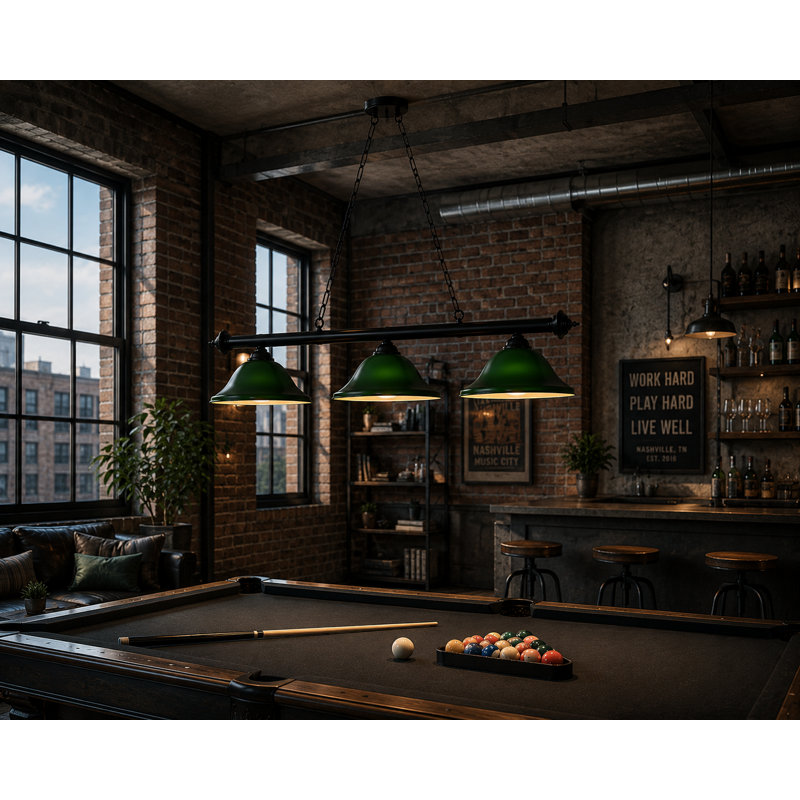 Bowdon 3-Light Pool Table Linear Pendant By RAM Game Room, Green