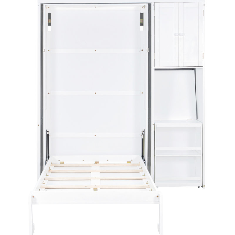 Lit escamotable mural simple en blanc, conception peu encombrante avec armoire supérieure, bureau extensible et tablettes latérales, fabrication durable