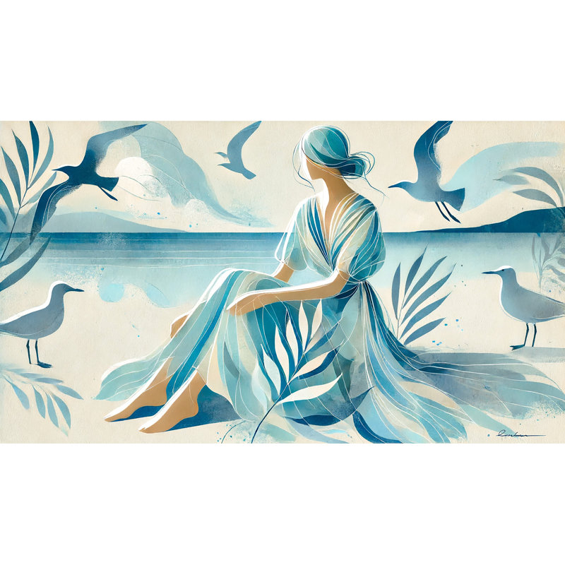 «Seaside Tranquility: Woman with Seagulls», art mural sur toile, H 12 po x l 16 po x P 1 po