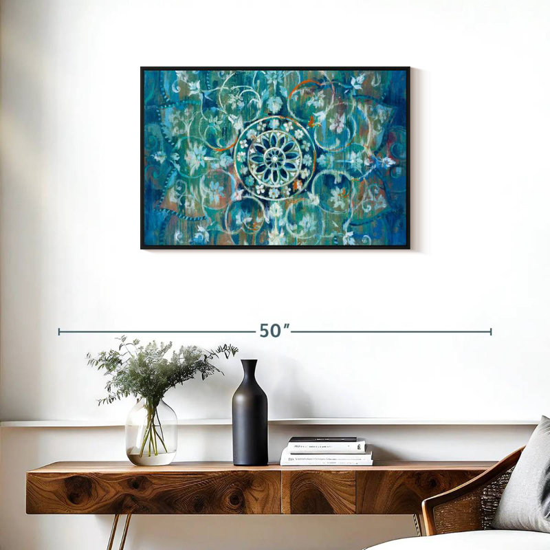 Mandala en bleu I, Cadre flottant noir, 31 po x 21 po