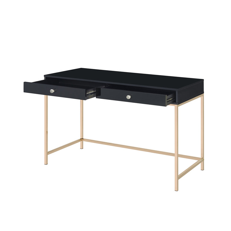 Bureau d'écriture rectangulaire noir brillant avec base dorée et 2 tiroirs | Idée de cadeau