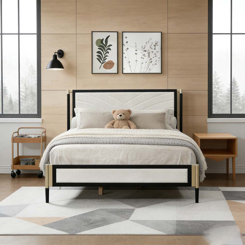 Bed with White Boucle fabric Headboard, Queen