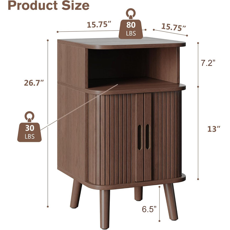 Fluted Nightstand Set, Mid Century Modern End Table 2 PCS With Open Shelf and Cabinet, Curved Round Edge Wooden Bedside Table With Slide Doors, Walnut