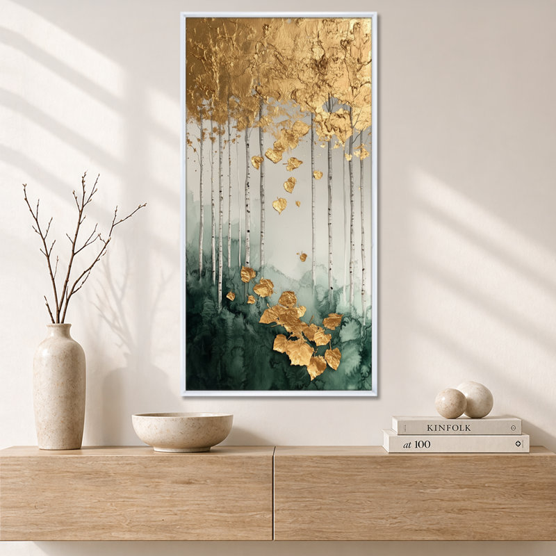 «Gold Green Elegant Gold Forest Line I», art mural sur toile Moody, impression encadrée sereine, H 40 po x l 20 po