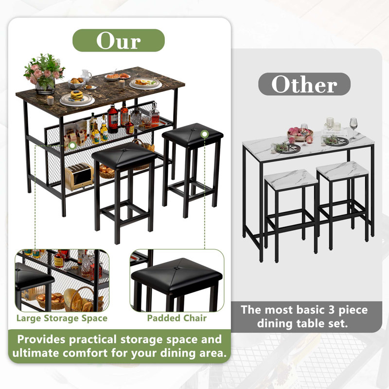 White Faux Marble 3-Piece Pub Dining Set with Storage Shelves