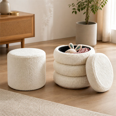 Ensemble de deux poufs de rangement ronds beiges avec couvercle amovible, convenant aux chambres, salons et coiffeuses modernes.