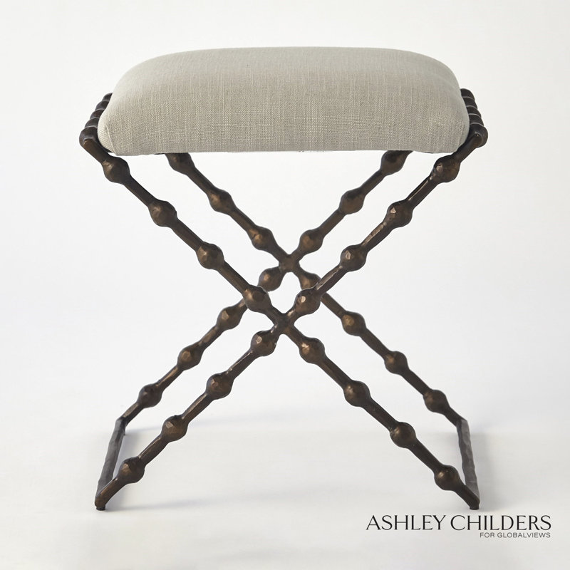 Elder Accent Stool, Black, Linen Blend, Gray