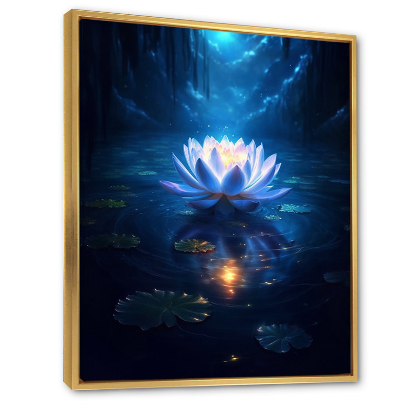 «Blossoming White Lotus In Blue Moon Pond», reproduction sur toile, H 32 po x l 24 po, Cadre flottant doré
