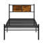 Lit simple en métal, tête de lit avec décoration en bois, noir-184130443