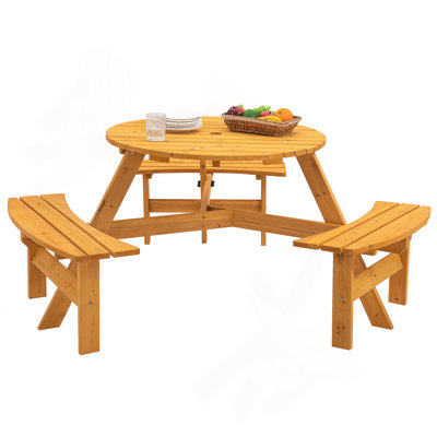 6-Person Circular Outdoor Wooden Picnic Table For Patio, Backyard, Garden, Built-In Benches
