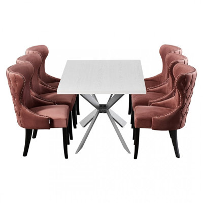 Devries 6 Person Dining set - a Rectangular Wooden Dining Table with Metal Legs and a Set of 6 Quilted Velvet Dining Chairs for Dining Room - Modern Dining Table Set
