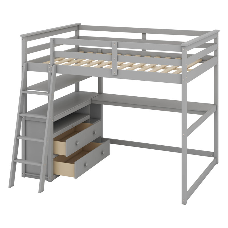 Multifunction Wooden Loft Bed With Desk And Shelves,Two Built-In Drawers, Gray, Full