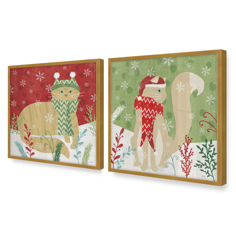 Cozy Christmas Kitty, ensemble de 2 reproductions d'art, Or poli, 16 po x 16 po