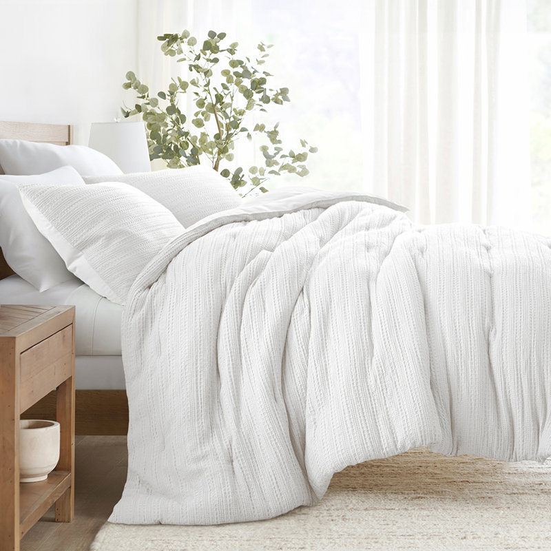 Ensemble d'édredon texturé 3 pièces Waffle, Blanc, Édredon pour lit simple + 1 taie décorative stan