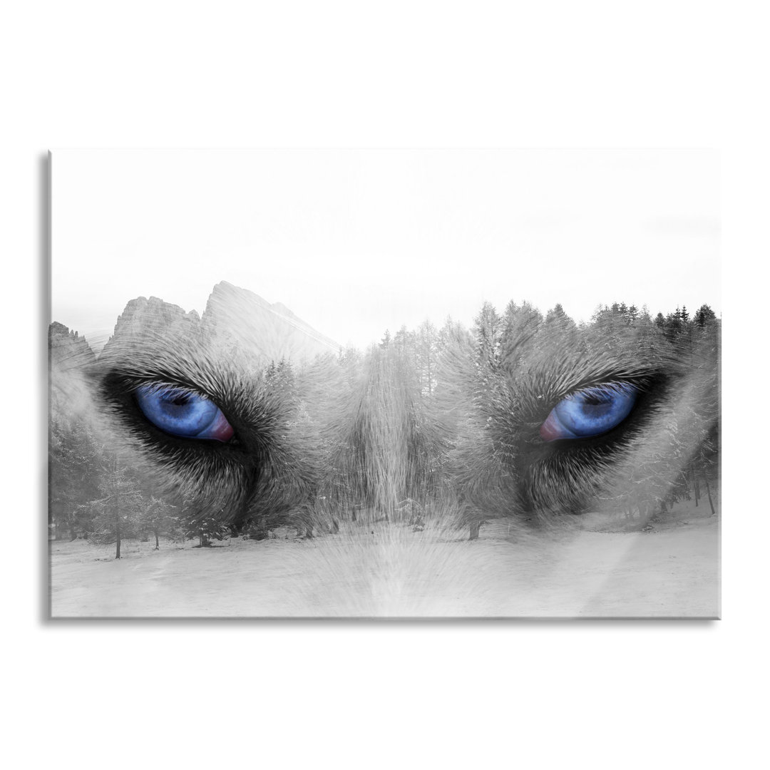 Glasbild Overlay Wolfsaugen über Winterwald