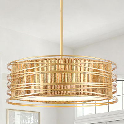 23.6" Gold Rattan Chandelier Boho 5-Light