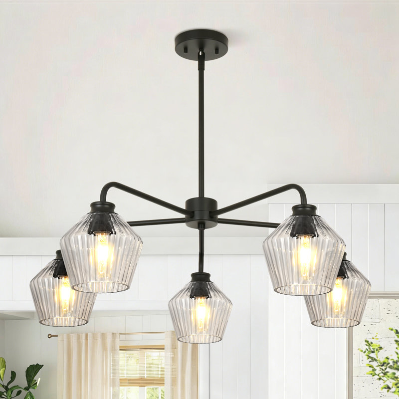Luminaire suspendu 30 "en verre rayé transparent 5 lumières 30"