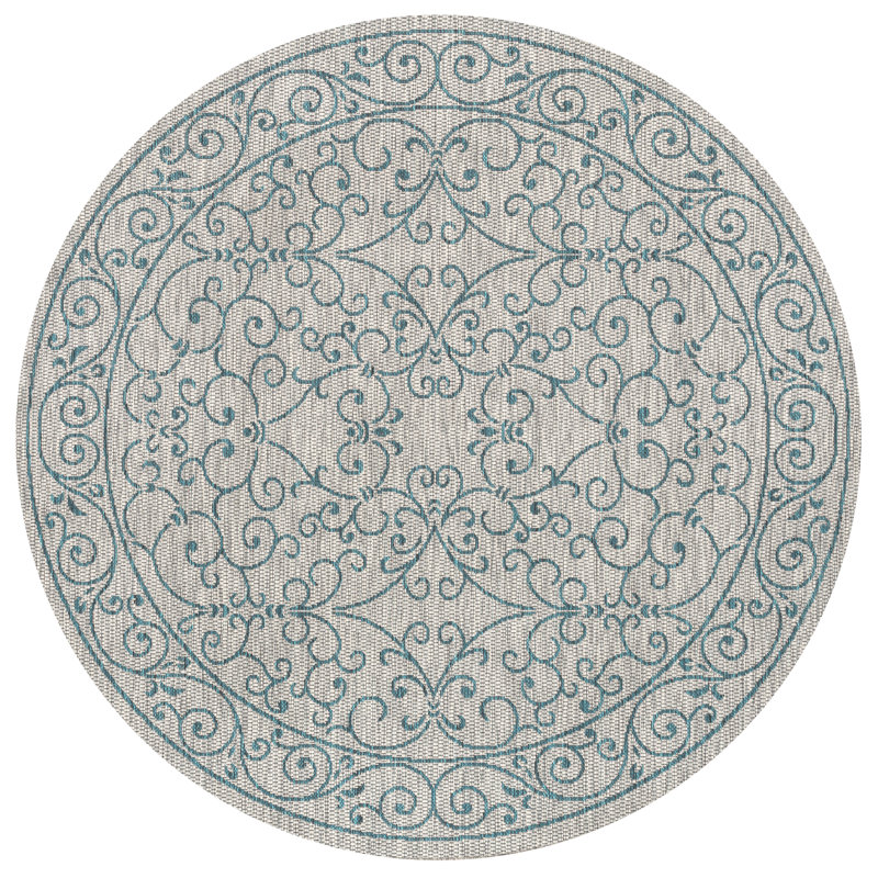 Hagerman Vintage Filigree Textured Weave Gray/Teal Indoor/Outdoor Rug, Round 7'9"