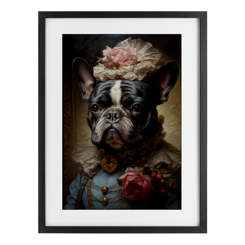 Élégant portrait de bouledogue français encadré sous verre, design par Wumples, H 20 po x l 14 po, Cadre noir minuit