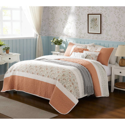 Courtepointe réversible 6 pièces en corail, double / grand, coton avec coussins décoratifs pour lit double / grand, décorative