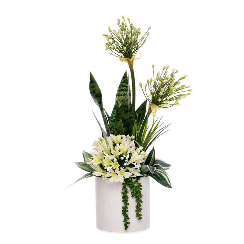 Elegant White Agapanthus Silk Flower Arrangement in Ceramic Planter