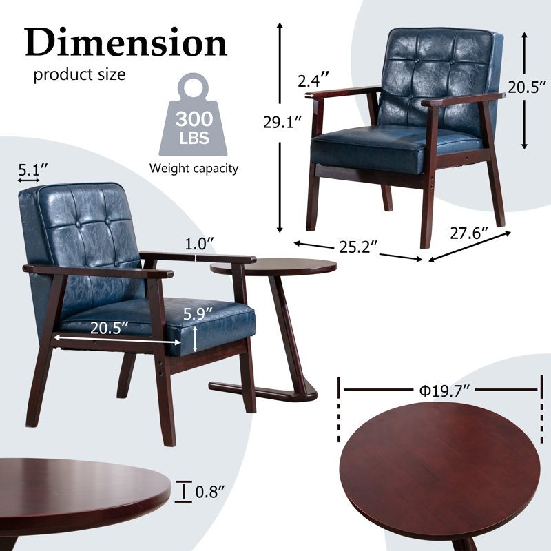  Judeth 3-Piece 25.2'' Two Armchair with Side Table Solid Wood Frame, Blue Faux Leather