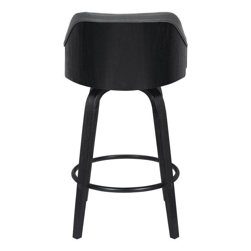 Aiken Swivel Counter or Bar Height Bar Stool with Arms in Faux Leather, Plywood and Metal Footrest, Grey Faux Leather, Black