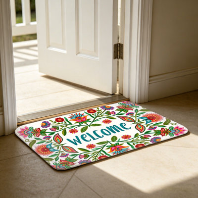 Mexican Folk Art Floral Welcome Floor Mat For Entrance Porch, 24"X 36", Multicolor